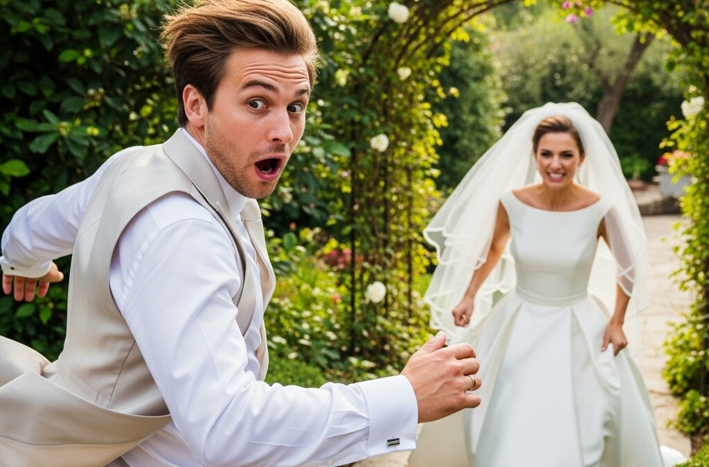 Sposo in abito da cerimonia che scappa via correndo, simbolo ironico della paura maschile legata all’organizzazione del matrimonio