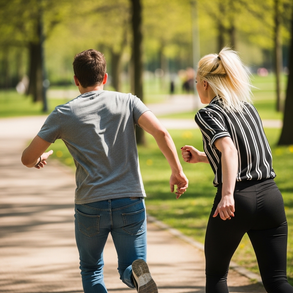 Sposo che scappa via correndo, simbolo ironico della paura maschile legata all’organizzazione del matrimonio