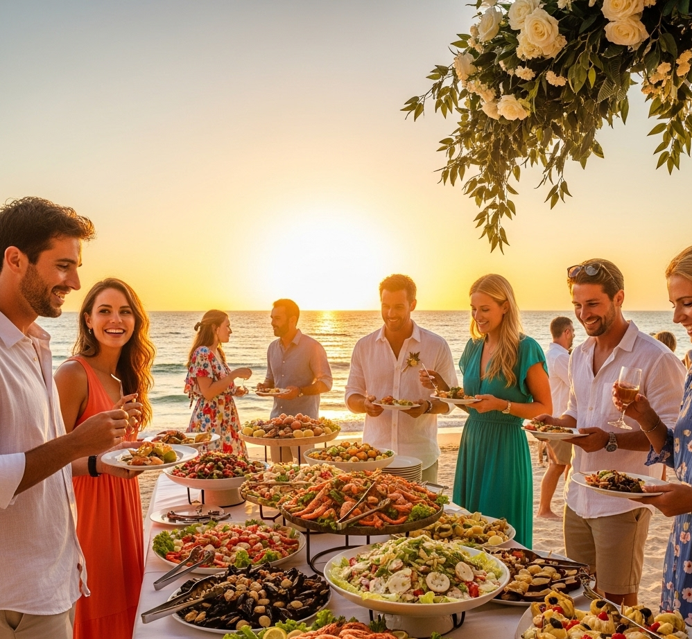 Buffet elegante allestito sulla spiaggia durante un matrimonio, con cibo e bevande disposti su tavoli direttamente sulla sabbia, con vista sul mare.
