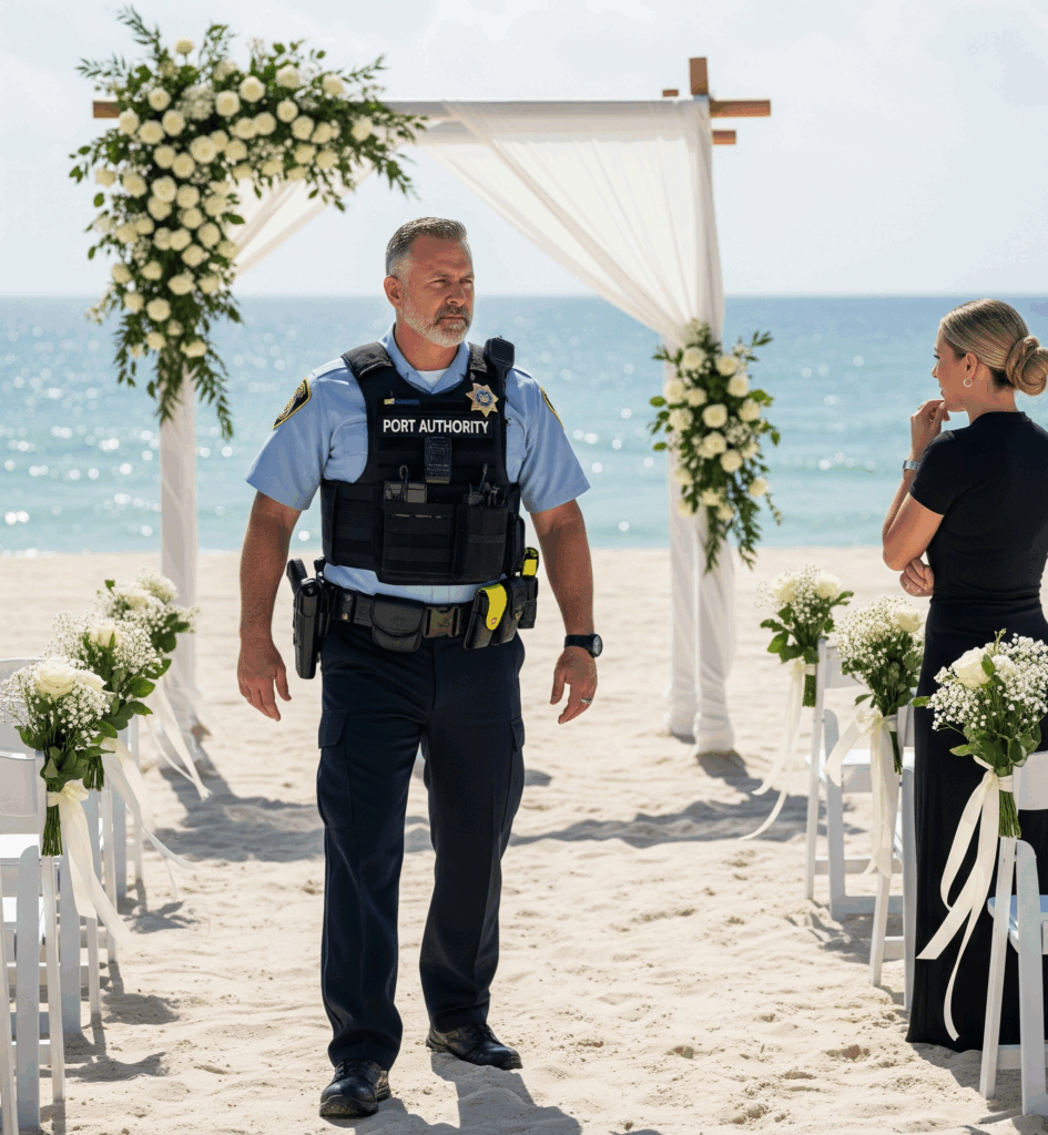 Ufficiale della Capitaneria di Porto che verifica le autorizzazioni durante l’allestimento di un matrimonio sulla spiaggia, parlando con la wedding planner.