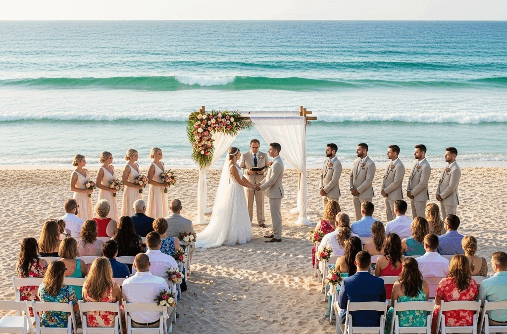 Panoramica di un matrimonio in spiaggia in Sicilia con due sposi, damigelle, groomsmen e platea di ospiti davanti al mare e alla sabbia, in un’atmosfera romantica.