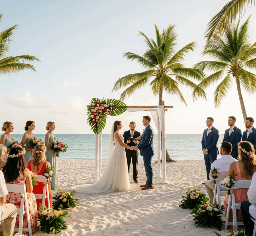Panoramica di un matrimonio in spiaggia in Sicilia con due sposi, damigelle, groomsmen e platea di ospiti davanti al mare e alla sabbia, in un’atmosfera romantica.